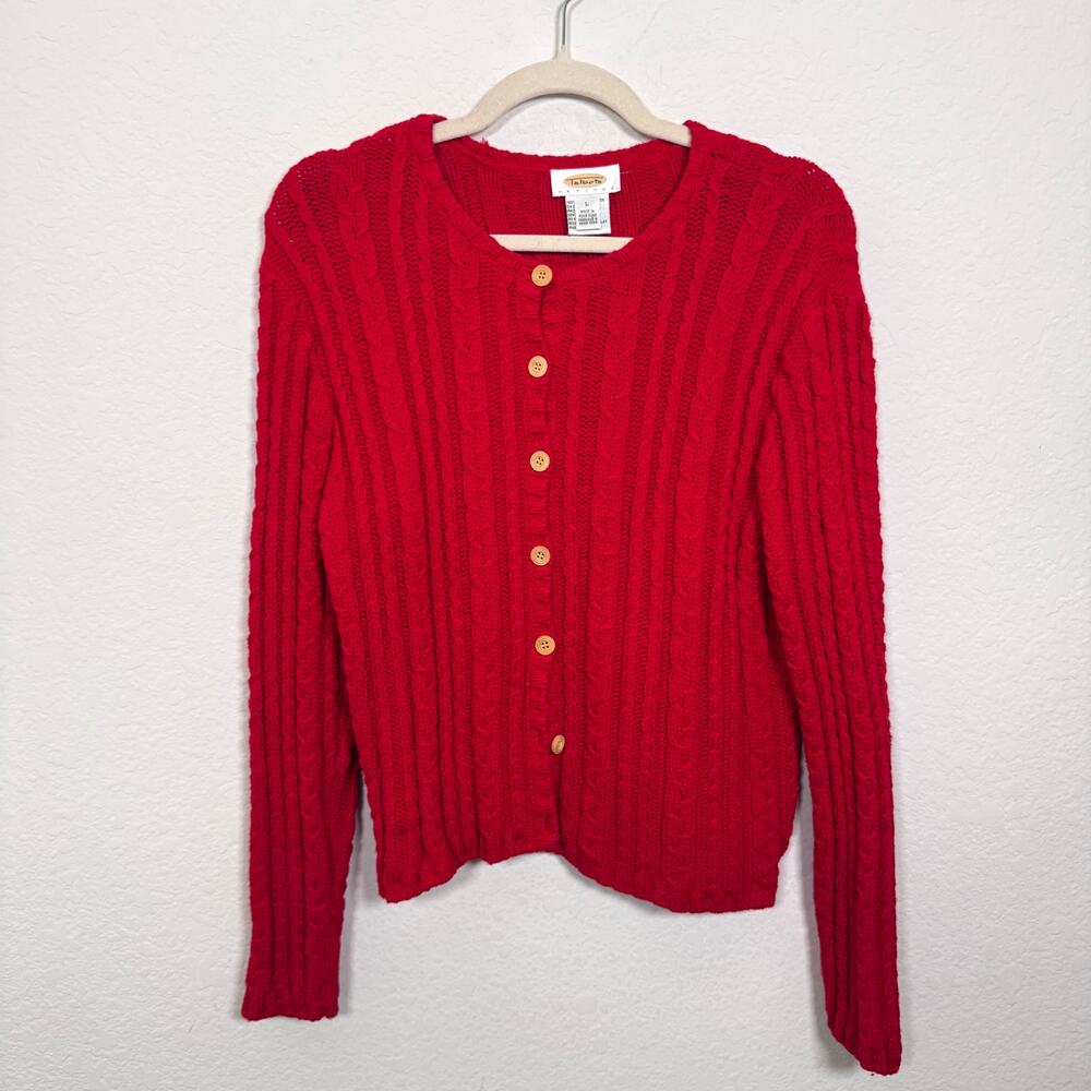 Talbots Womens Vintage Cardigan Cable Knit Sweater Size L 100% Cotton Red